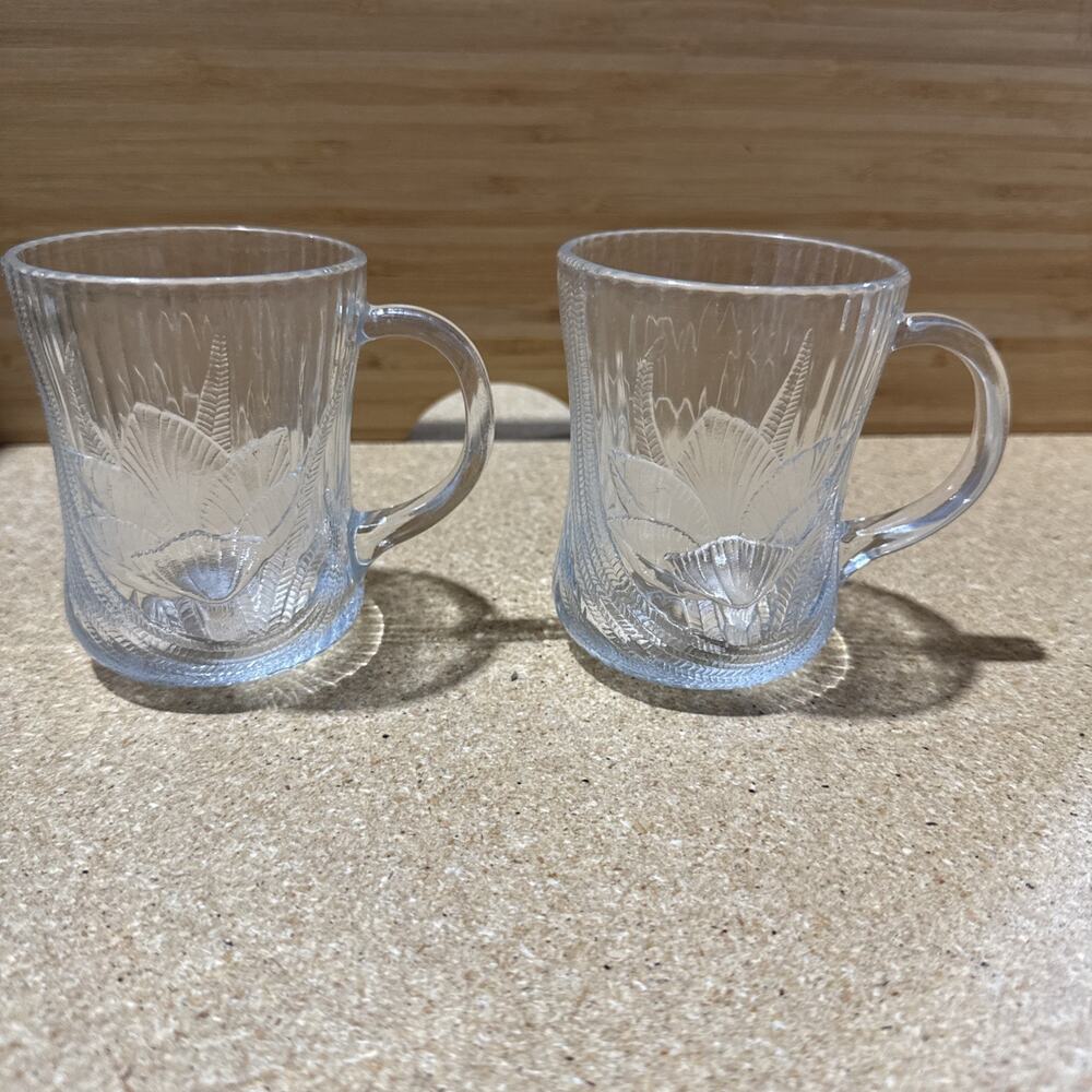 Vintage Arcoroc France Canterbury Crocus Clear Glass Mugs Set of 2 – Floral